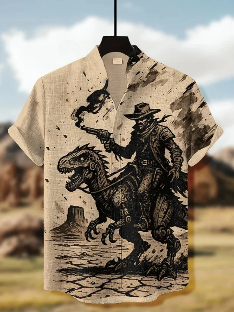 

2026 Men's Retro Western Cowboy Dinosaur Print Short-Sleeve Shirt, Wilderness Style Casual Men's Vacation Hawaiian Top, XS-6XL