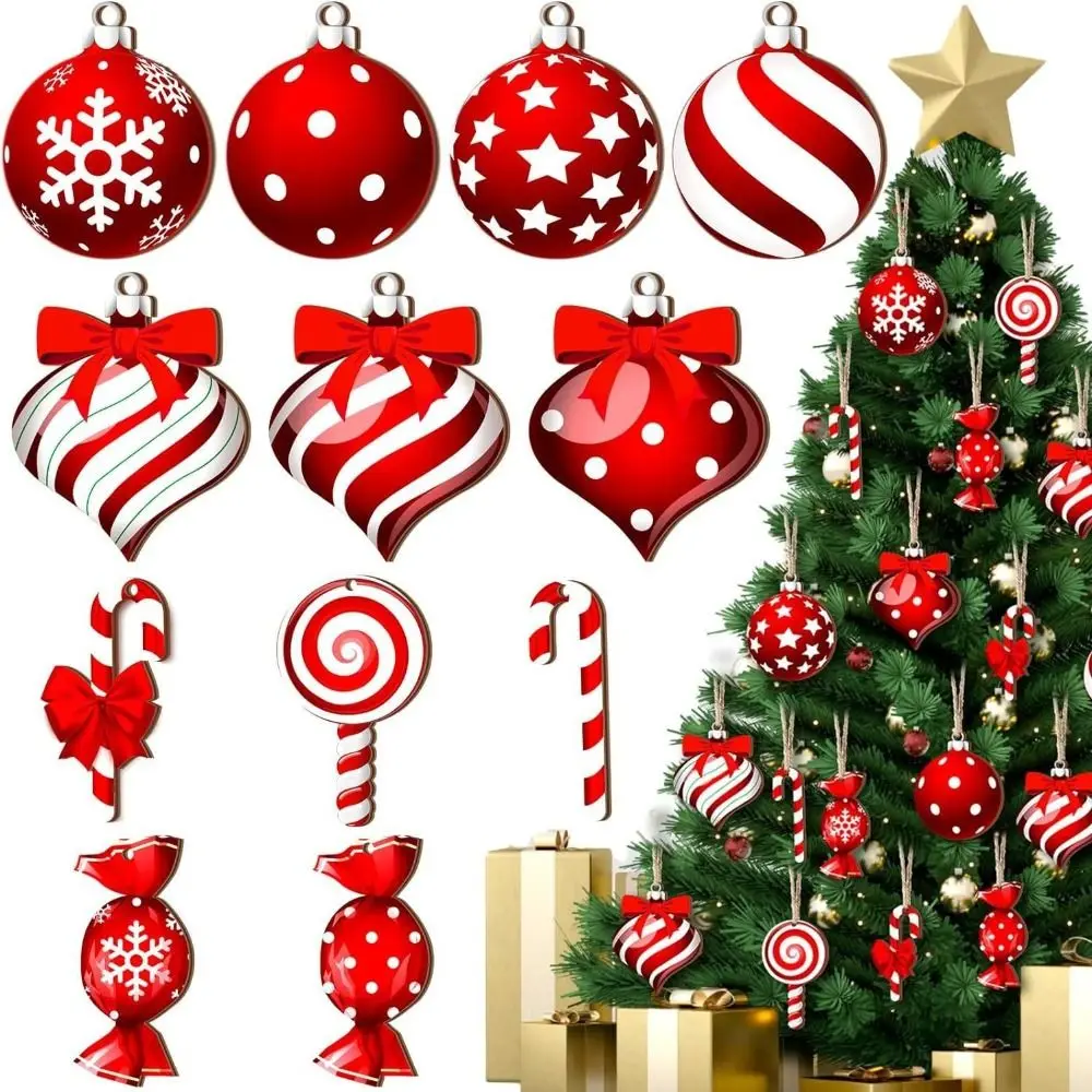 12/24/36Pcs Wooden Christmas Tree Decoration Red Candy Cane Lollipop Multifunctional Xmas Ball Hanging Ornaments