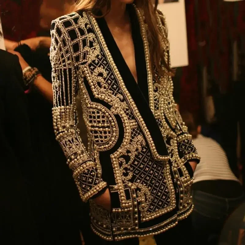 Women V-Neck Geometric Sequined Embroidery Suits Coat Shiny Beaded Pearls Blazers Jacket Slim Long Sleeve Cardigan OL Crop Tops