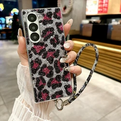 Luxury Leopard Print Hard PC Electroplated Frame Phone Cover for Samsung Galaxy Z Fold 7 6 5 4 Case with Portable Bracelet