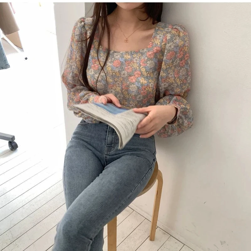 

Sweet Print Long Sleeve All-match Youth Shirt Tops Women Clothing New Vintage Floral Loose Blouse Fashion Korean Spring Autumn