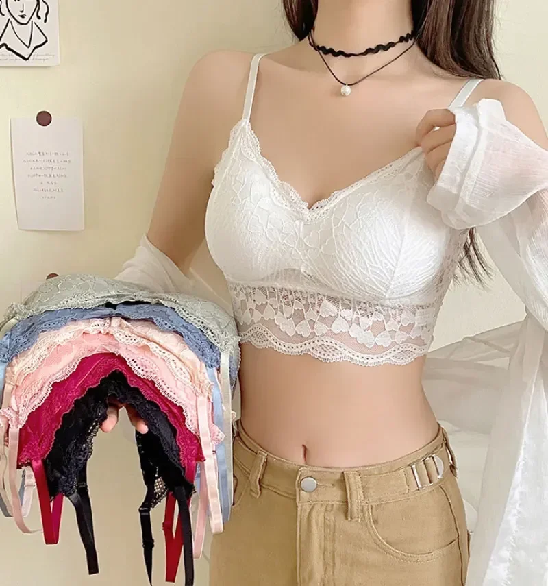 Solid Color Top Lace Transparent Bralette Women Sexy Hollow Out Wire Free Bra Summer Thin Breathable Mesh Push Up Bras