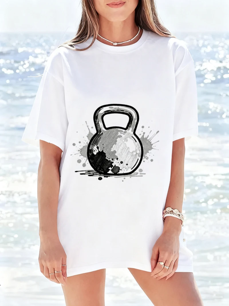 تي شيرت نسائي فضفاض من القطن الدمبل Kettlebell معدات اللياقة البدنية طباعة رذاذ القمر الأسود مناسبة للربيع والصيف #2