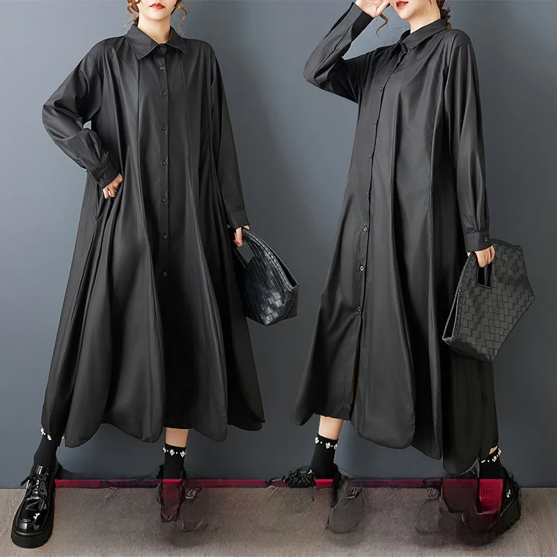 Loose Casual Midi Dr Spring New Sle k Design Sense Asymmetrical Pure Color Slimming Over-Knee Women's Cotton Dr