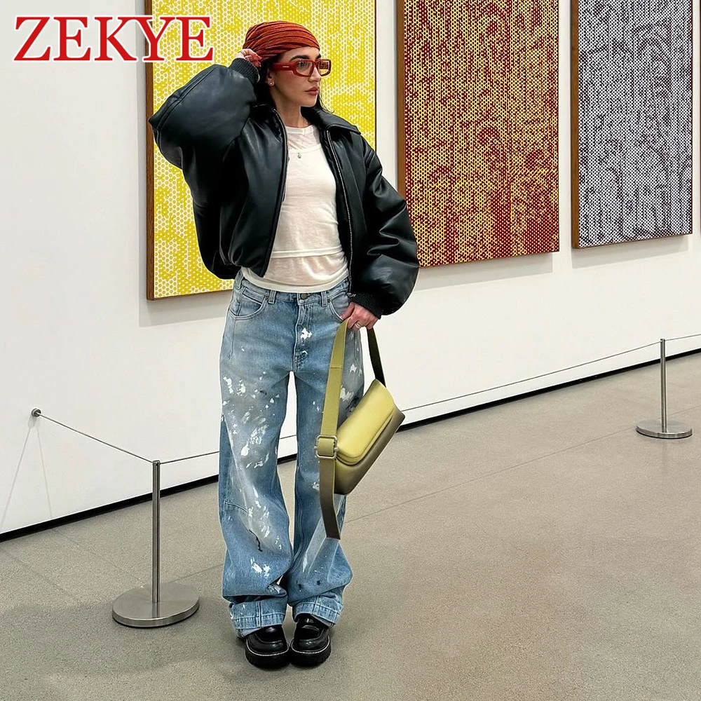 Zekye Graffiti High Waist Jeans Straight Leg Vintage Y2K Streetwear Whiting Baggy Cargo Pants Denim Patchwork Fashion Summer