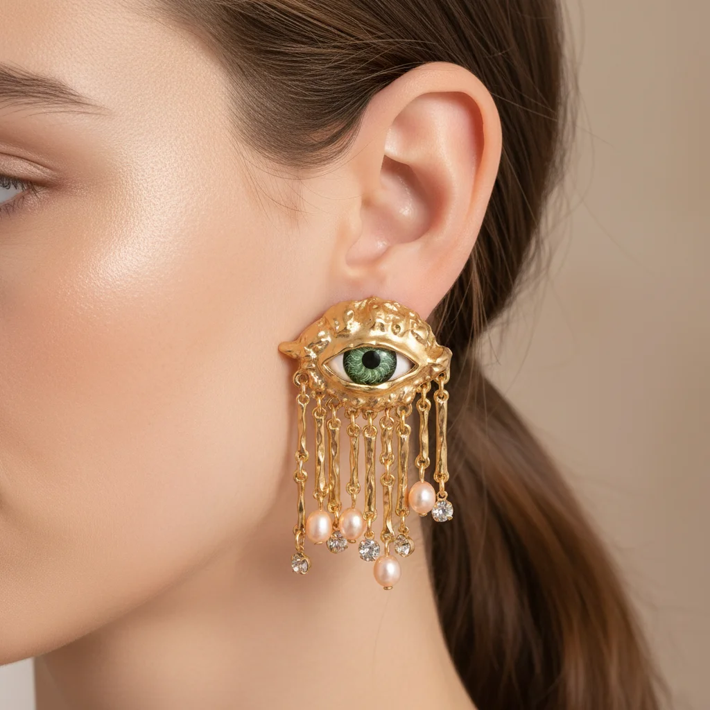 

Unique Green Eye Dangle Earrings with Pearl & Rhinestone Tassel – Statement Women Ear Stud Jewelry 18K Gold Plated