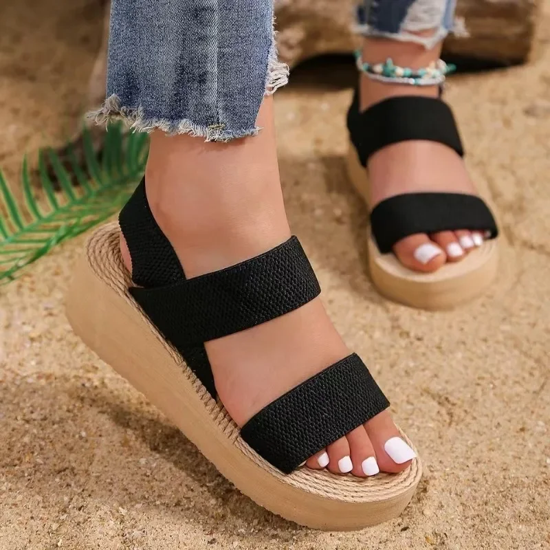 Women\'s fashion wedge trend anti-slip wear-resistant pure black belt soft soled high-heeled sandals shoes for women