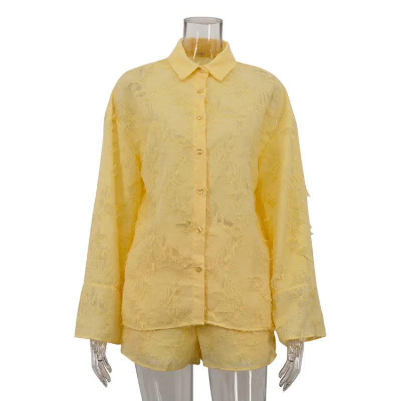 

Casual Suit Women's Lapel Neck Long-sleeved Cardigan Top Lace-up Shorts Two-piece Set