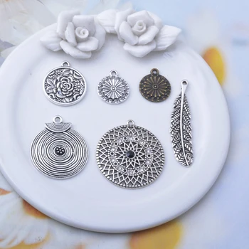 10 adet vintage stil Antik Gümüş renk Gül Çiçek tüy Yuvarlak Takılar Metal Taklidi Kolye DIY Yapımı Küpe Takı