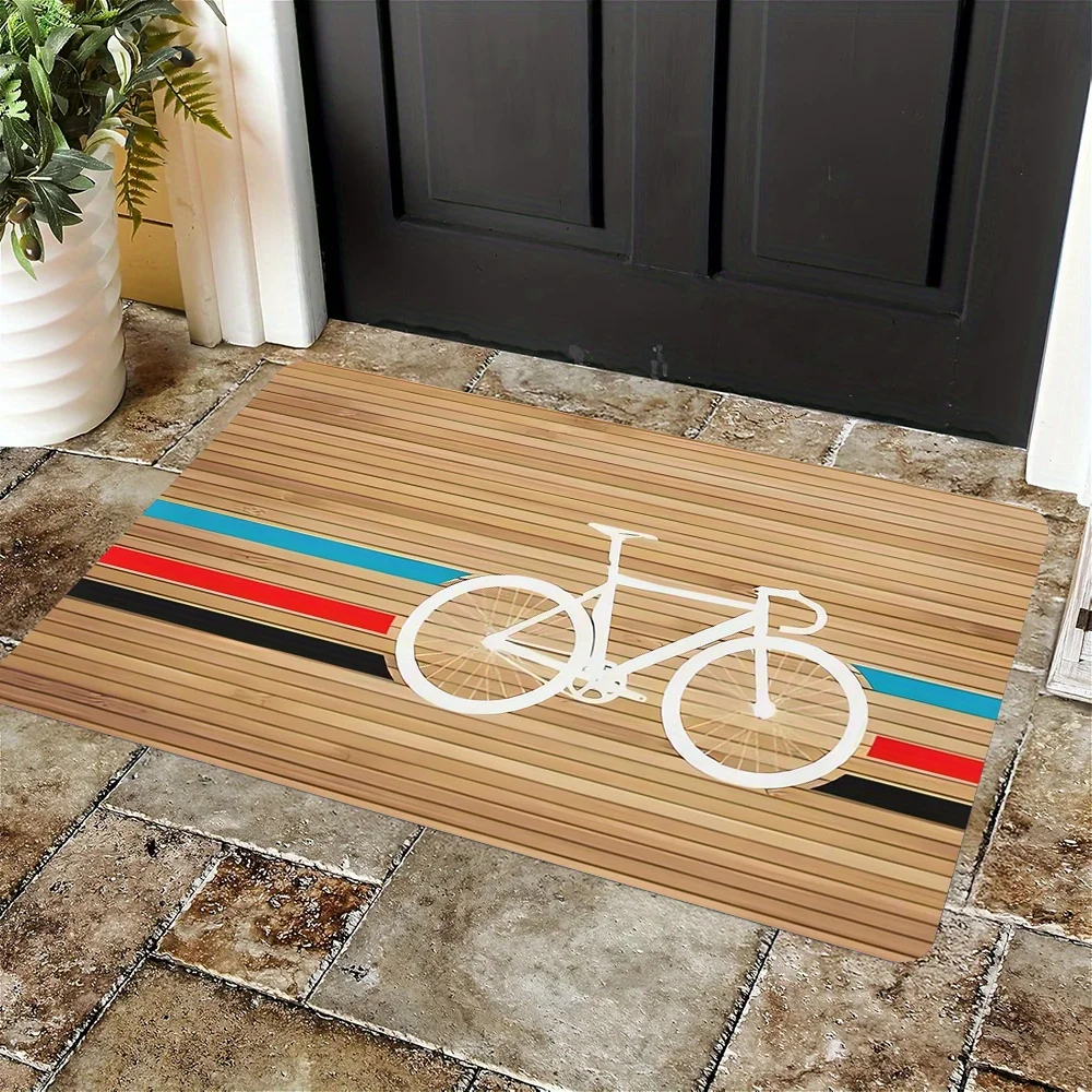 1pc Bicycle Wood Grain Pattern Print Outdoor Door Mat, Flannel Decorative Floor Mat, Indoor/Outdoor Entrance Doormat Mat, Suitab