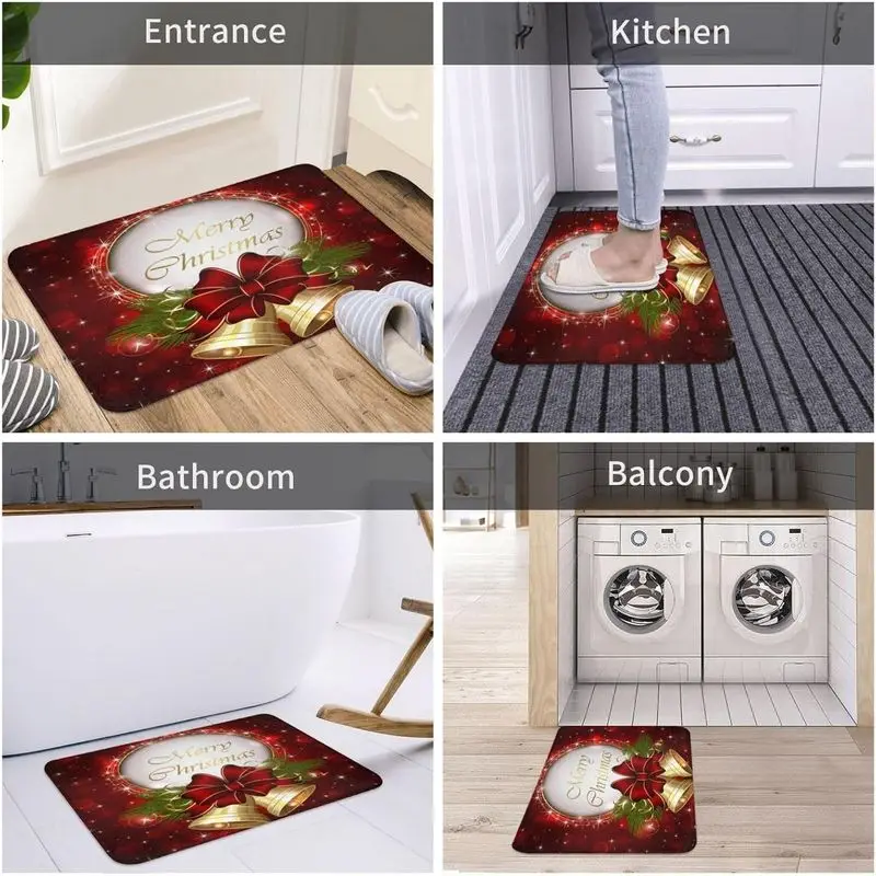 VIKAMA Holiday Doormat Red Xmas Pine Branch Bauble Snow Dot Pattern Anti Slip Rug For Entryway Hallway Xmas Home Decor view 6