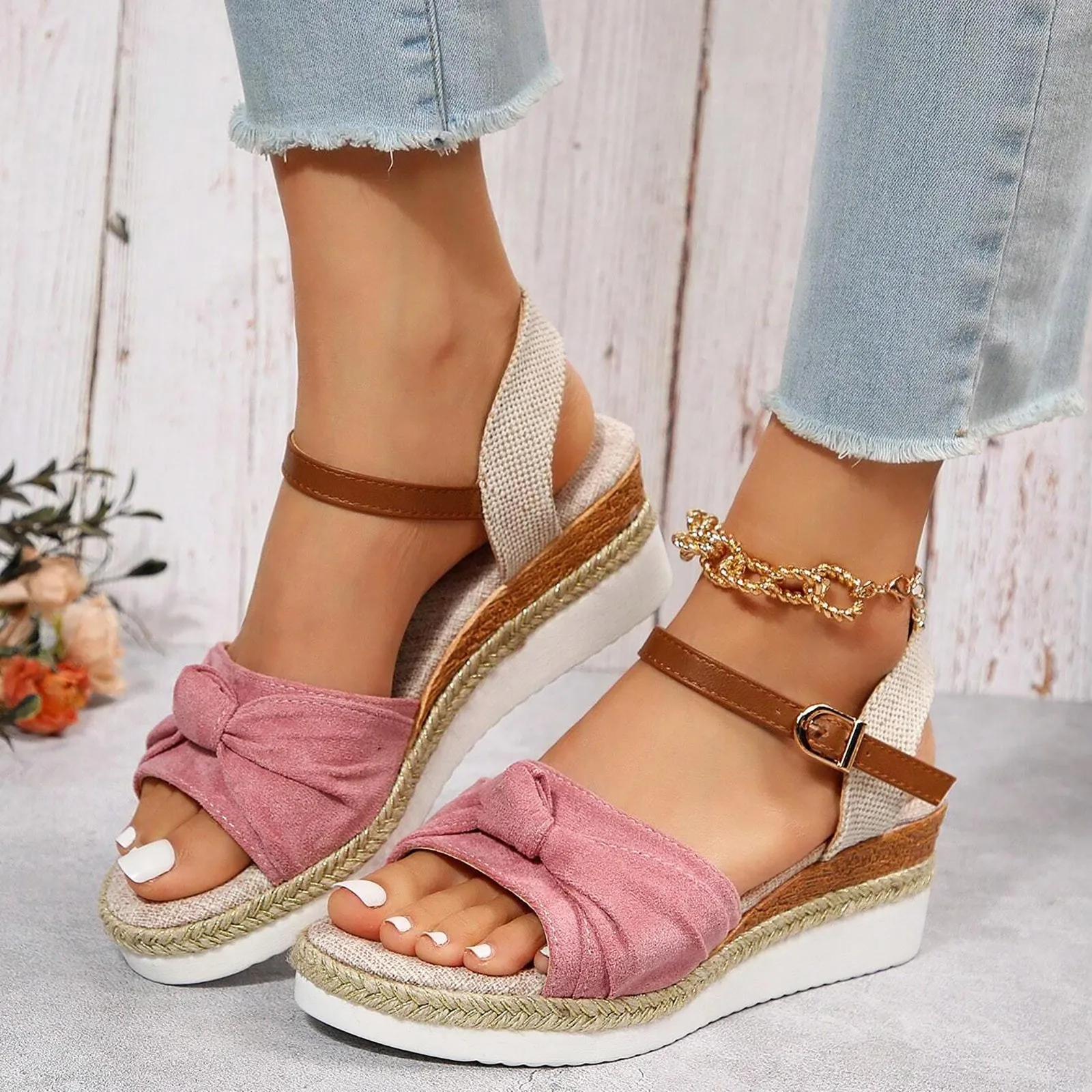 

Color Block Knot Sandals Women Strap Wedge Sandals Sunmmer Plus Size Shoes Mujer Casual Summer Shoes Woman Summer Footwear