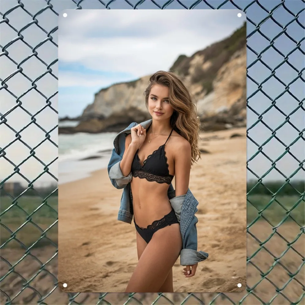 Vintage Aluminium-Wandkunst-Schild – Serene Beach Scene Black Lace Bikini Lady, langlebig, einfach zu installieren, für Zuhause, Büro, Bar, Café