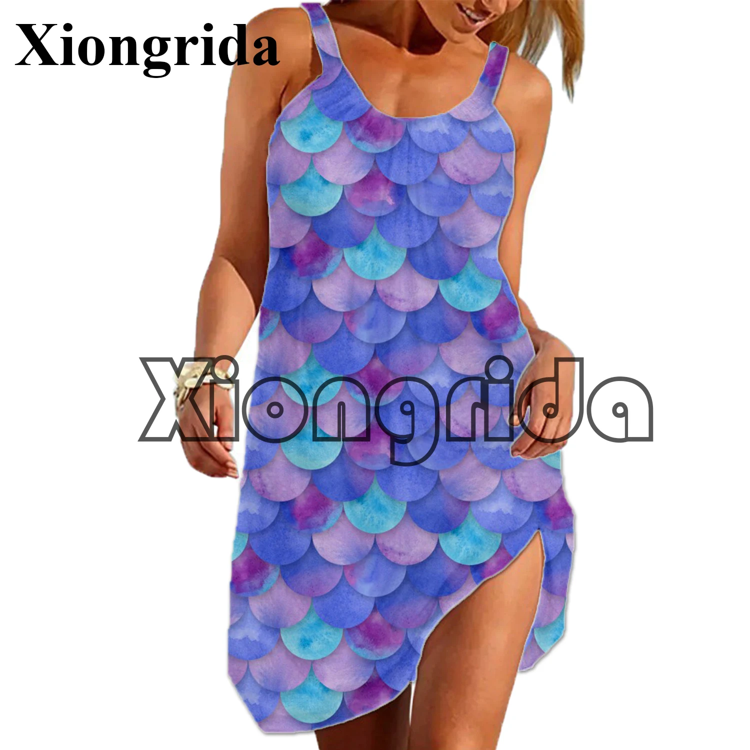 New Mermaid Dress Women Sexy Fish Scales Printed Strap Dress Sleeveless Mini A Line Dress Hawaii Tank Dress Beach Wear Homewear