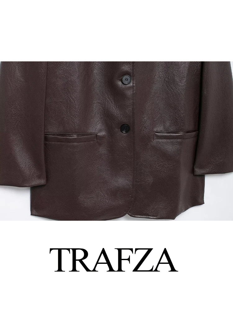 TRAFZA Women Winter Old Money Style Leather Commuting Blazer Female Single Breasted Pocket Street Casual Long Sleeve Coat Mujer