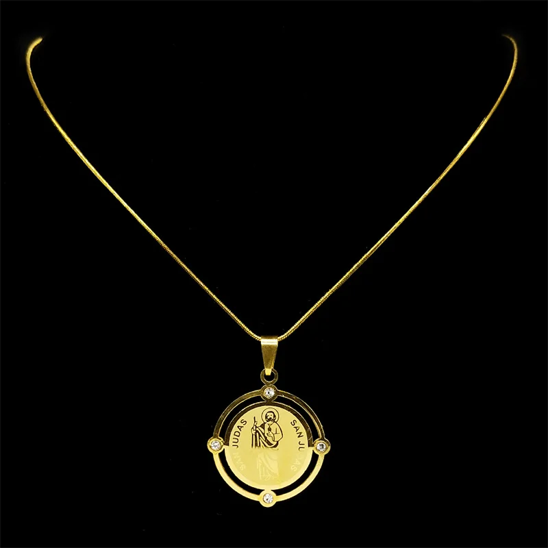 San Judas Tadeo Stainless Steel Pendant Necklace for Men Women Rhinestone Saint Jude Thaddeus Religion Chain Necklace Jewelry