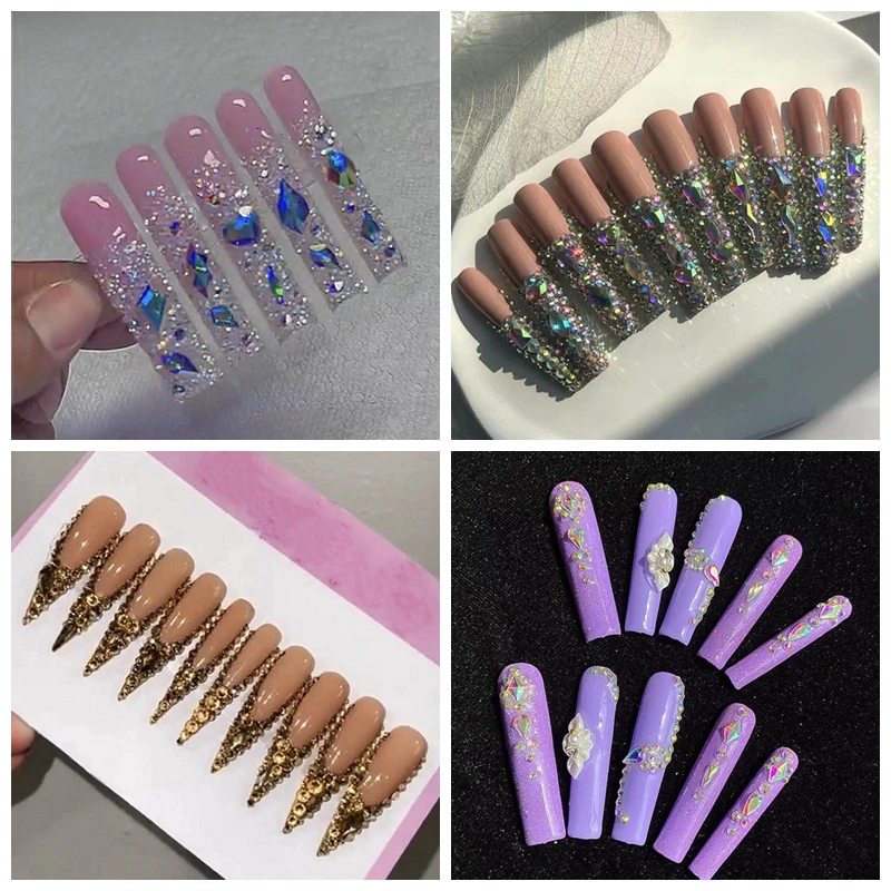 

Handmade 3XL Long Press On Nails Glittery Bling Rhinestone Long Coffin Stiletto False Nail Tip Acrylic Reusable Fake Nail Party