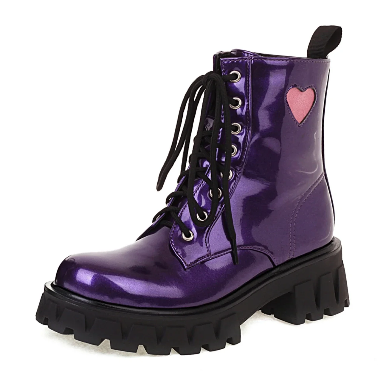 

Британские женские ботильоны на высоком толстом каблуке, черные, фиолетовые, с сердечками, из лакированной кожи, с круглым носком, женские винтажные вечерние короткие ботинки на шнуровке
