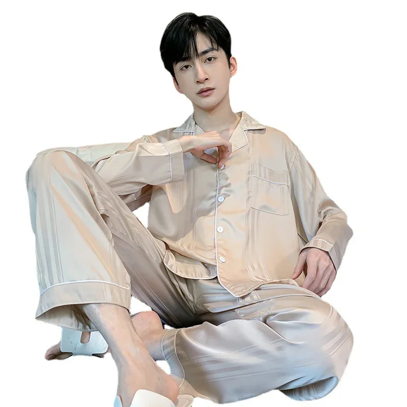 High-quality Ice Silk Pajamas Men\'s Long-sleeved Trousers Casual Loose Youth Home Service Suit Plus Size Spring Sleepwear