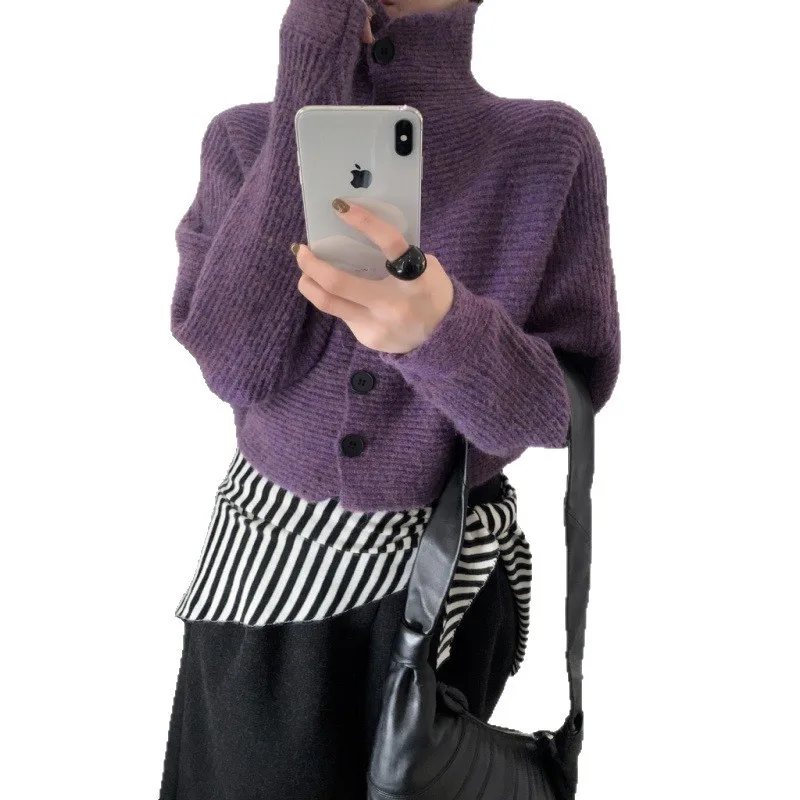 FL-suéter a rayas para mujer, Vintage, cuello alto, moda coreana, botón de punto, cárdigan holgado de talla grande, Top de manga larga, novedad de 2026