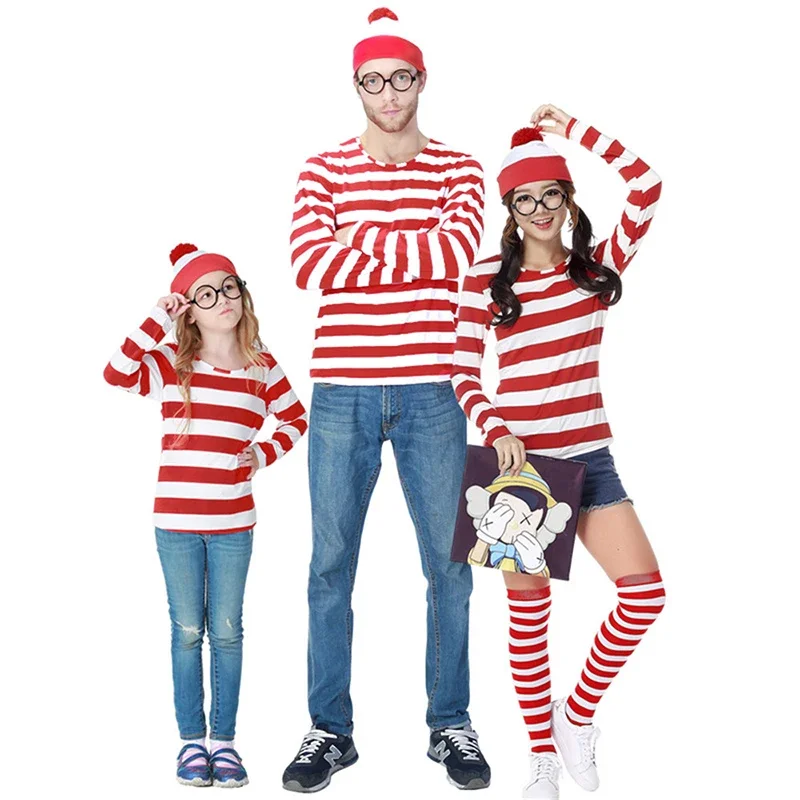 

Family Matching Parent-Child Cartoon Where is Wally Waldo Costume Waldo Book Week Cosplay Outfit Stripe Shirt Hat Glasses Kit
