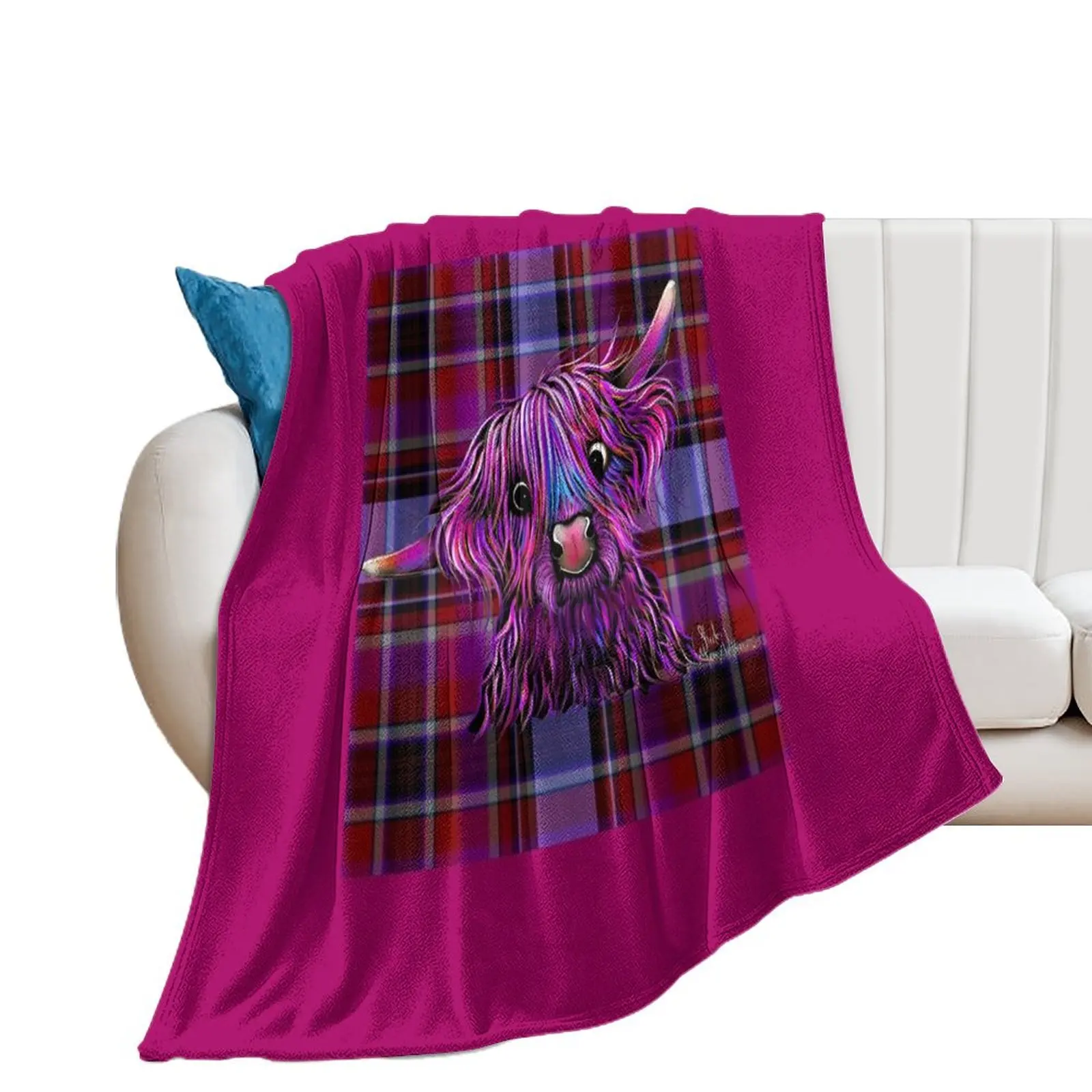 HiGHLaND CoW PRiNT ' HuCKLeBeRRY oN TaRTaN ' BY SHiRLeY MacARTHuR Throw Blanket Hairys funny gift sofa bed Blankets