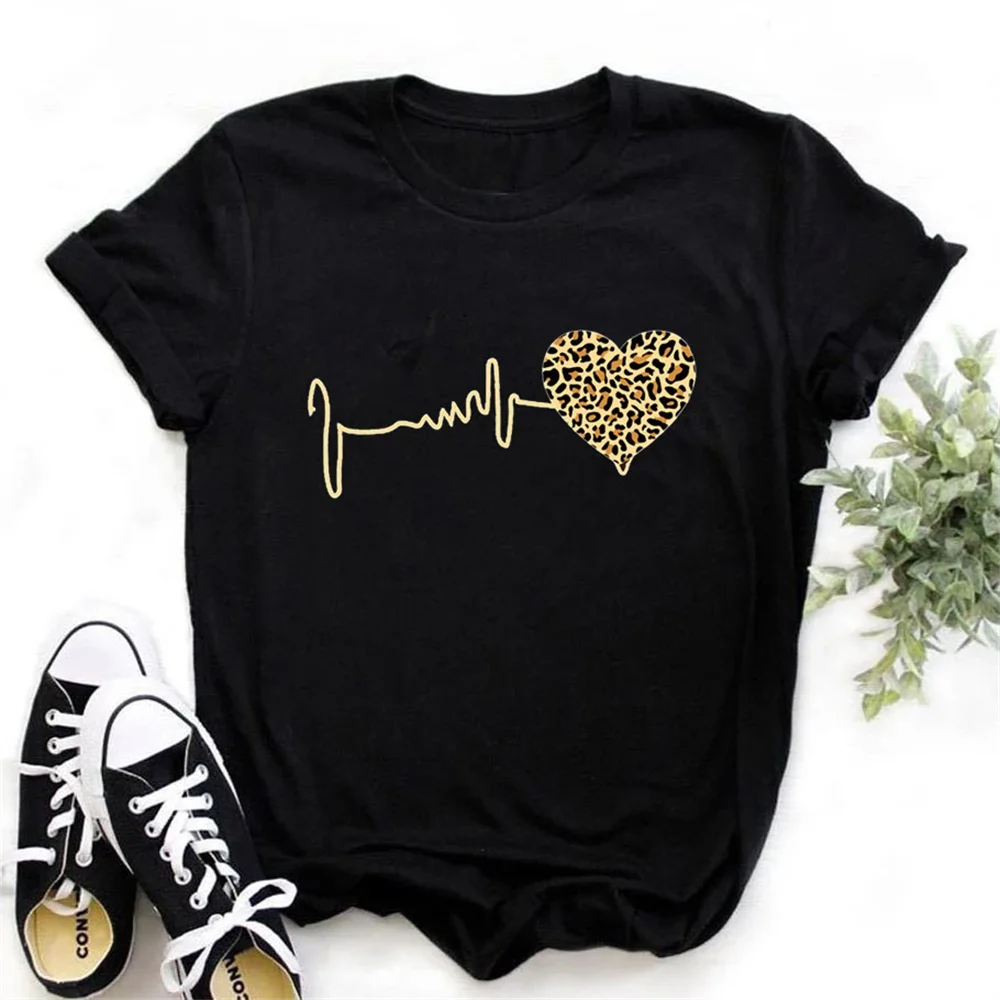 Summer New 90 's Leopard Heartbeat Short Sleeve Print Clothing Women's T-Shirt Harajuku Graphic Clothing Women's Top Drop Ship