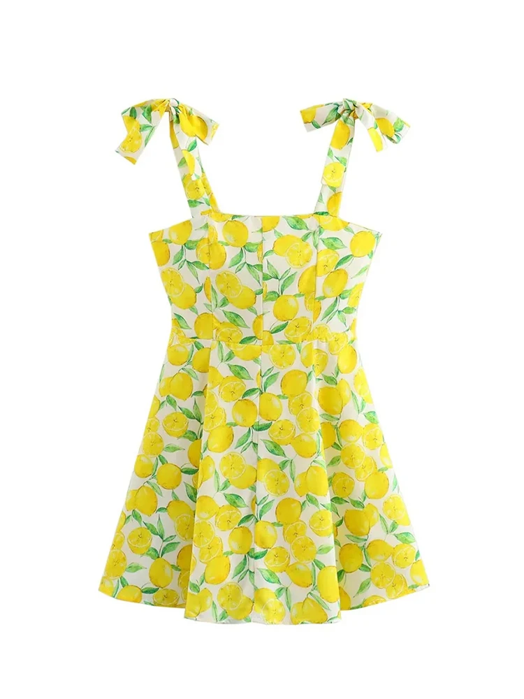 Yellow Lemon Print Dress for Women, Knotted Strap, Chic Lady, High Waist,  Casual Mini Dresses, Holiday, Summer Fashion