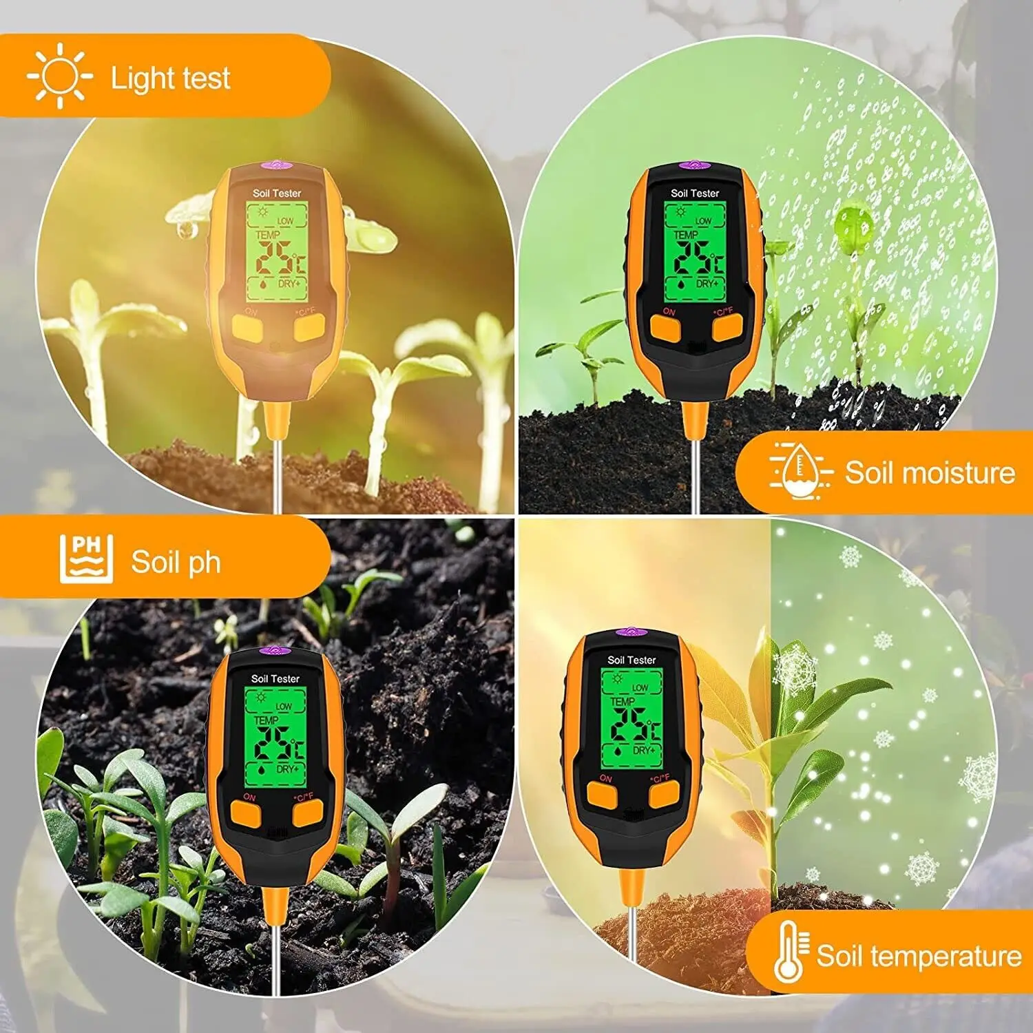 4 in 1 Soil Moisture Meter Digital Plant Temperature Soil Moisture PH Meter Sunlight Intensity Environment Humidity