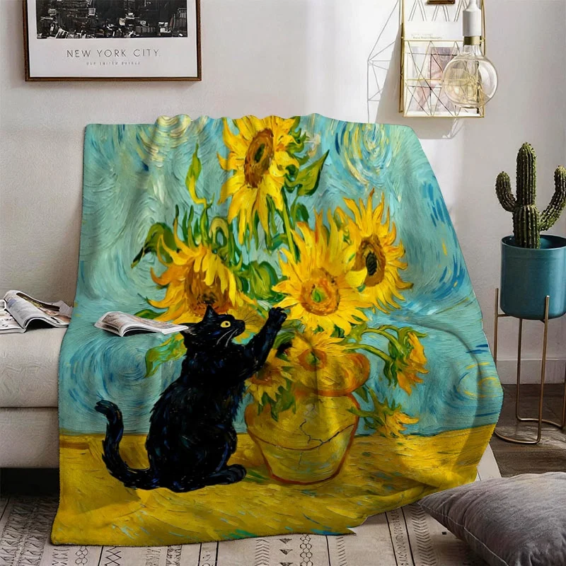 Vibrant Sunflower Cat Print Throw Blanket Boho Chic Artistic Decor Cozy Home Living Room Couch Gift Van Gogh Style Artwork Decor