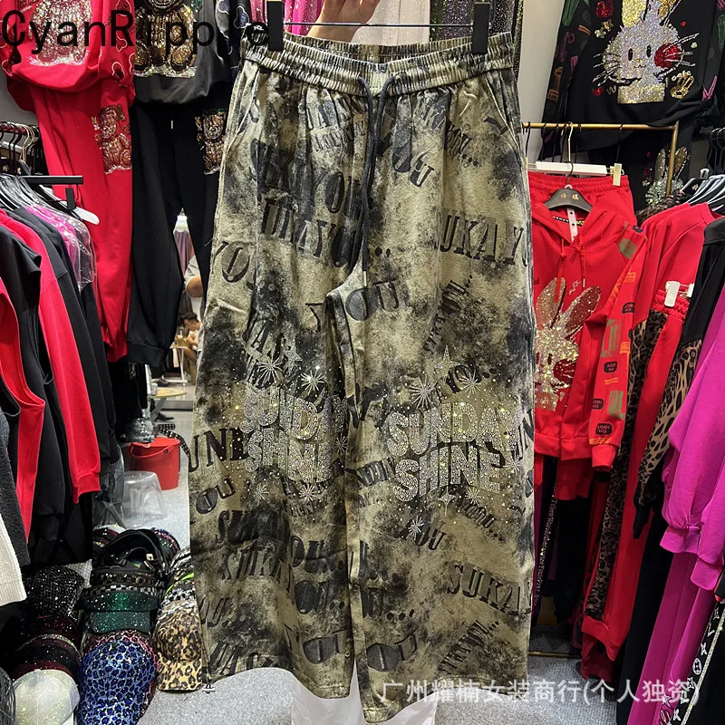 American High Street Vintage Hot Diamonds Letters Printed Straight Jeans Spice Girls Drawstring Elastic Waist Loose Denim Pants
