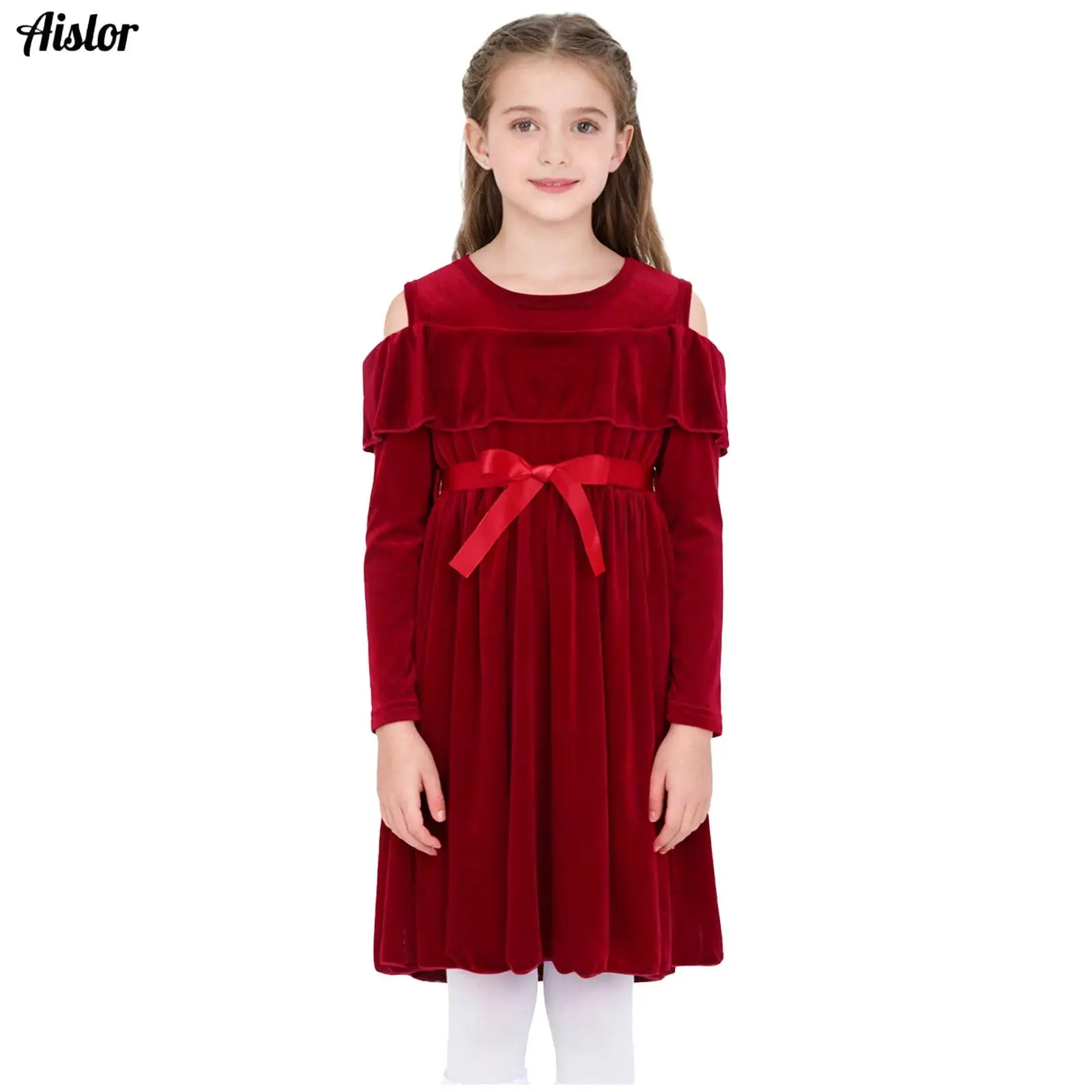 Kids Girls Velvet Dress Cold Shoulder Long Sleeves Elastic Waist Ruffles Dress with Ribbon Belt for Christmas Birthday Party