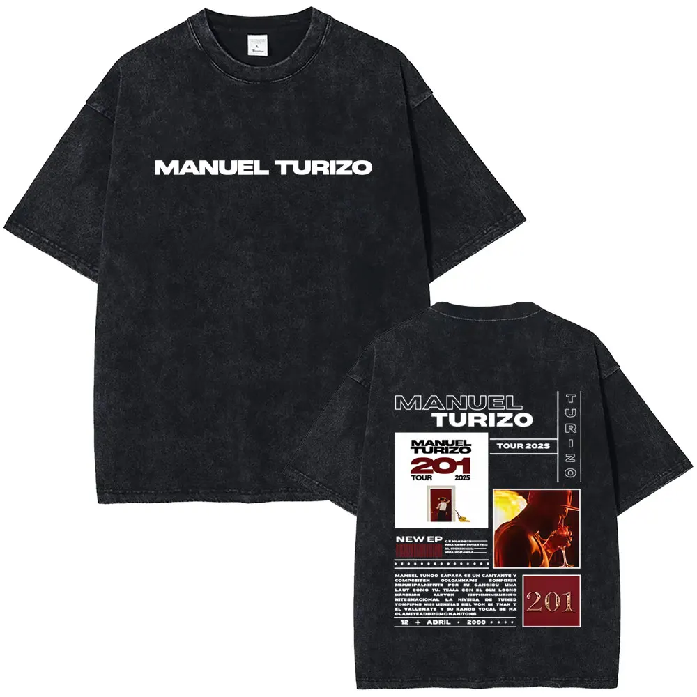 

Rapper Manuel Turizo 201 Tour 2025 Vintage Washed T Shirts Men Women Hip Hop Fashion Pop Music T-shirt Men's Casual Vintage Tops