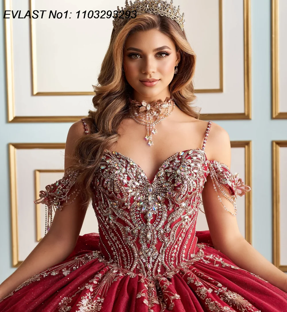 EVLAST Personalizzato Rosa Lucido Abito Quinceanera Abito di Sfera Oro Applique di Pizzo Che Borda Arco Corsetto Dolce 16 Vestido De 15 Anos E1Q88