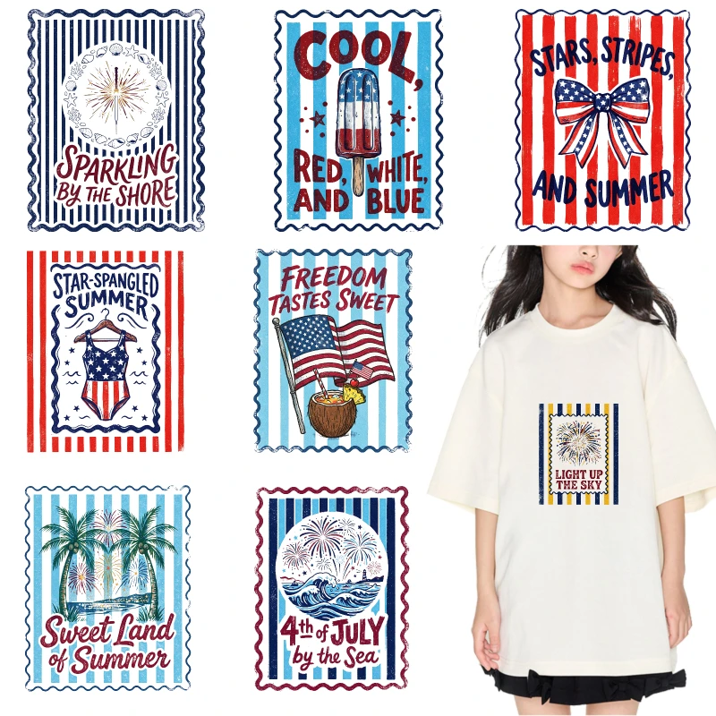 2PCS Sparkling By The Shore - Camisetas con estampado de estrellas y rayas en rojo, blanco y azul, ideales para el verano y celebrar la libertad.