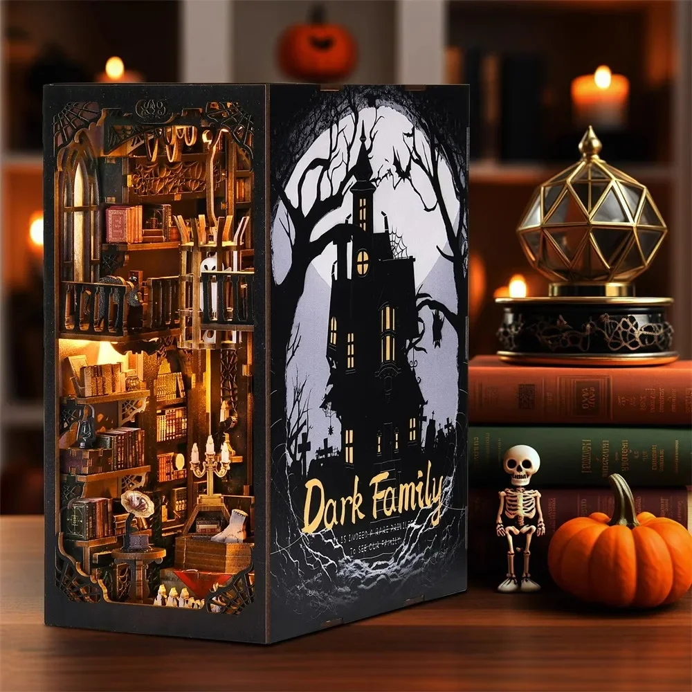 Kit angolo libro La famiglia Addams Puzzle in legno fai-da-te Mercoledì Halloween Scaffale Modello casa delle bambole Fermalibri Costruzione Decorazione della casa