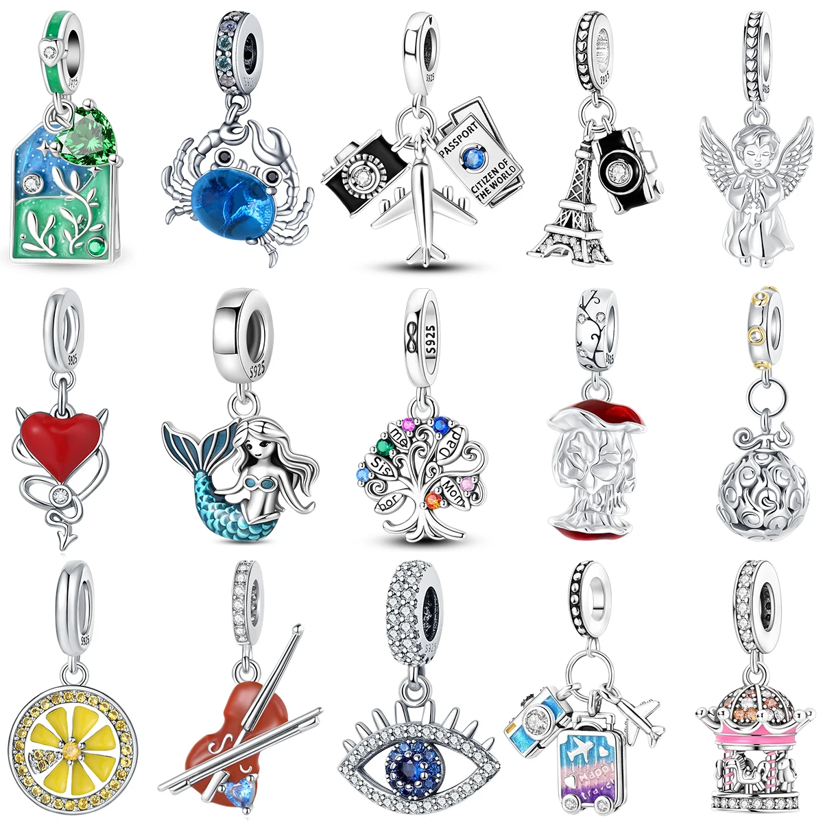 925 Sterling Silver Charms Lemon Violin Airplane Crab Suitcase Passport  Mermaid Eiffel Tower Angel Beads Fit Bracelet Jewelry