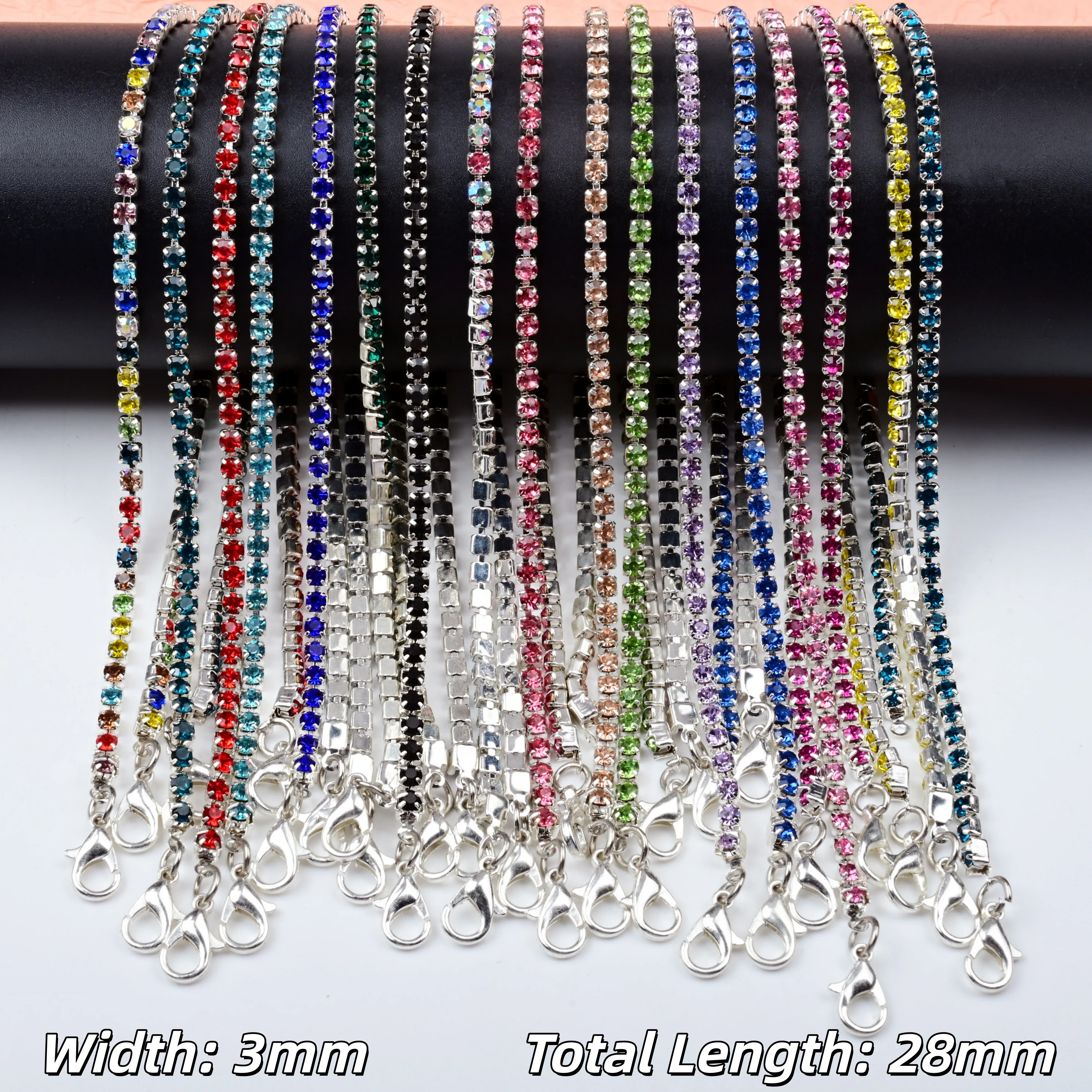 Colorful Glass Rhinestone Trim Chain 3MM Wide Silver Base Metal Claw Chain With Clasps DIY Handbag Clothing Decor Accessory
