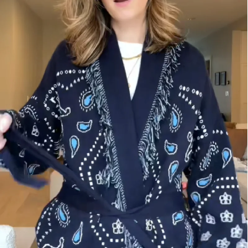 Kwastje Patchwork Gedrukt Vest Vrouwen Geometrische Patronen Riemen V-hals Lange Mouw Gebreide Straat Dame Trui 2025, Herfst Jas