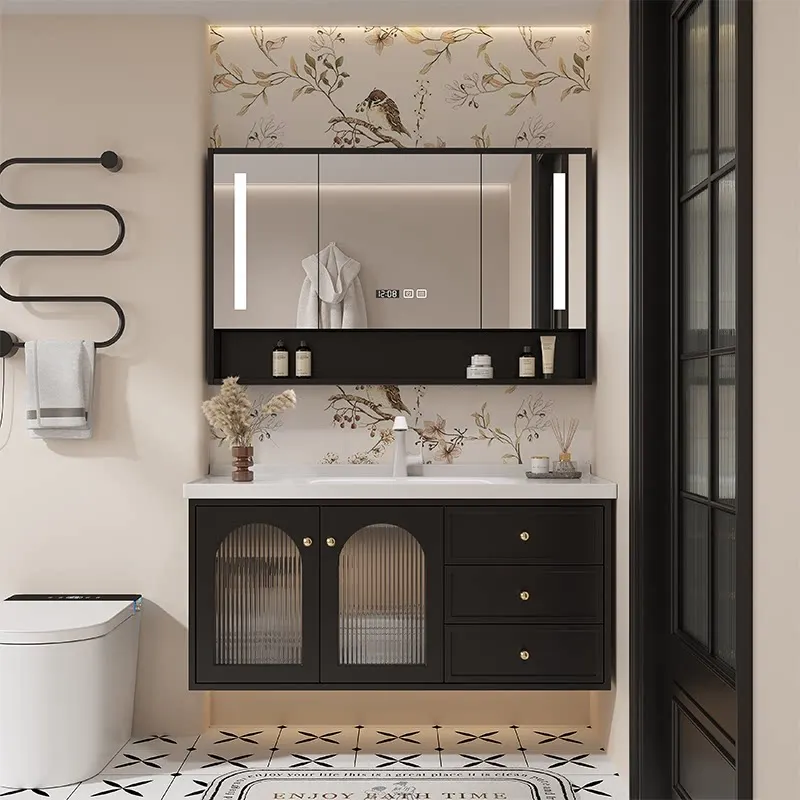 black intelligence bathroom cabinet ceramic integrated moisture-proof practical Bathroom sink mueble de baño Toilet furniture