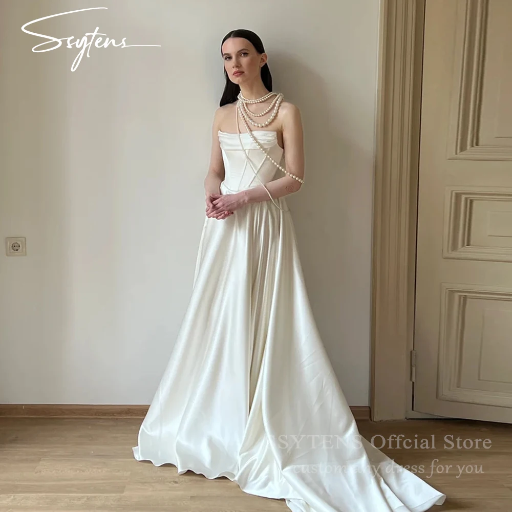 

Sexy Satin Strapless Wedding Dresses Boned A-Line Pleat Long Civil Bridal Gowns Evening Gown Sleeveless Customized Bride Dress