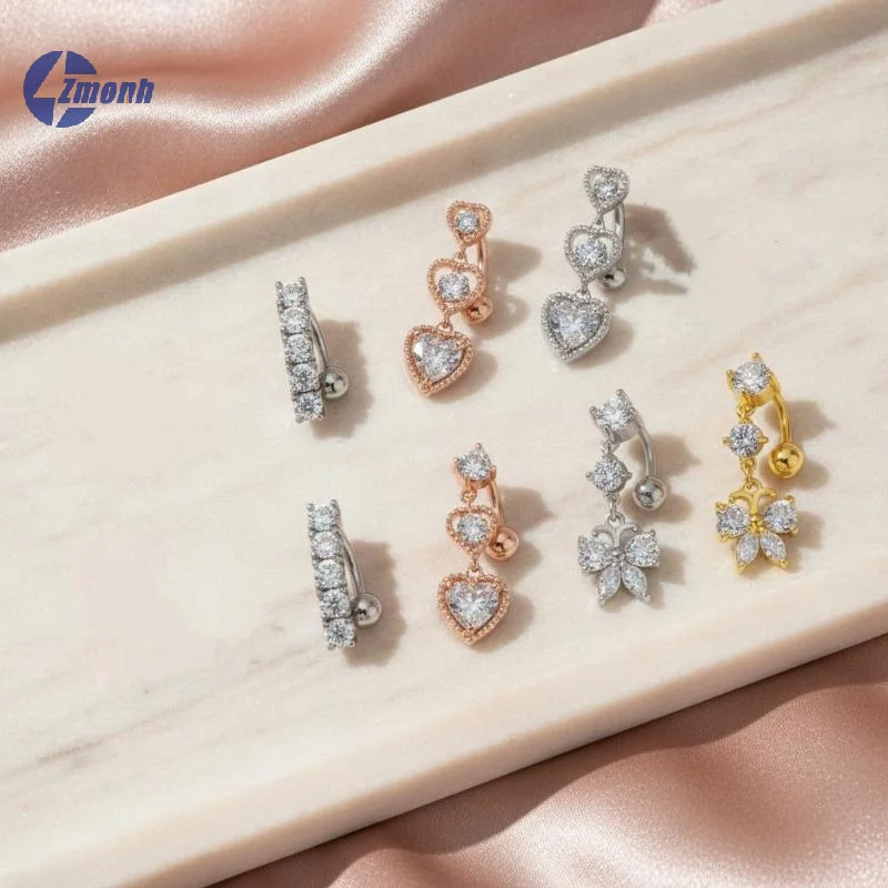New！1Pcs Stainless Steel Zirconia Heart-Shaped Round Zirconia Pendant Stud Jewelry For Reverse Navel Ring