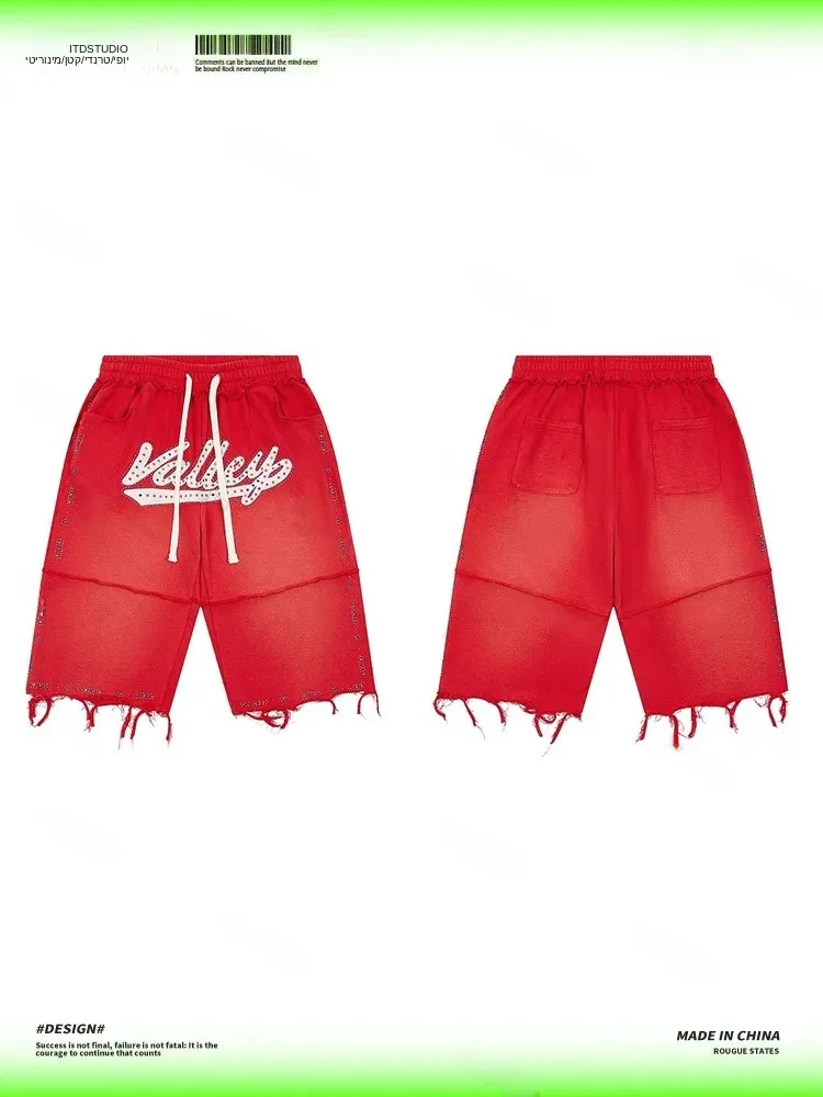 Vale Forever High Waist Loose Fit Cotton Shorts for Men Summer Street Style Embroidered Diamond Splicing Five-Quarter Pants