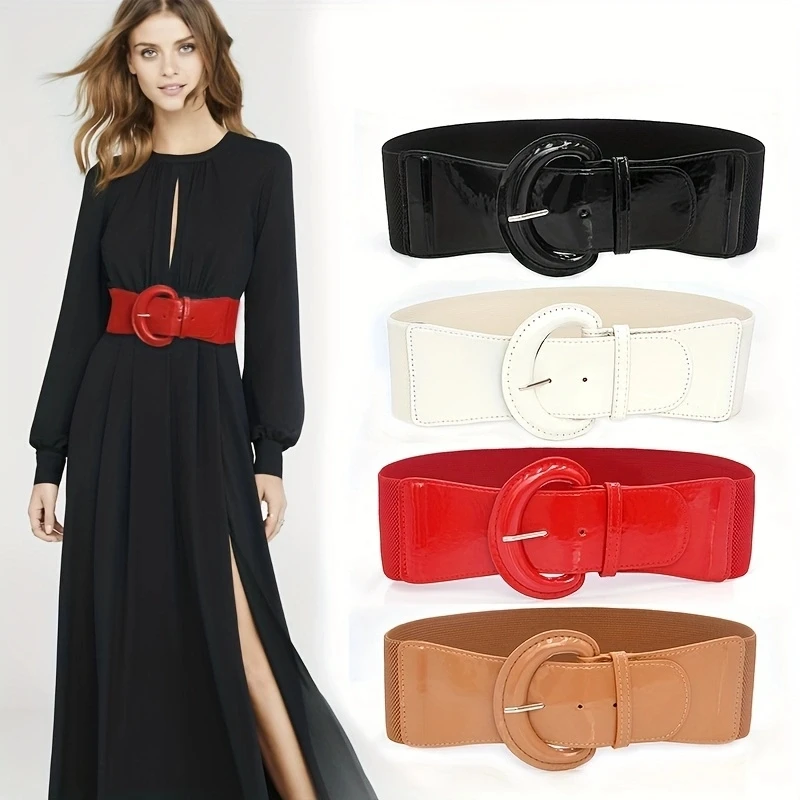 Simple Bright Color PU Wide Belts Elegant Pin Buckle Elastic Waistband Solid Color Trendy Dress Coat Girdle For Women