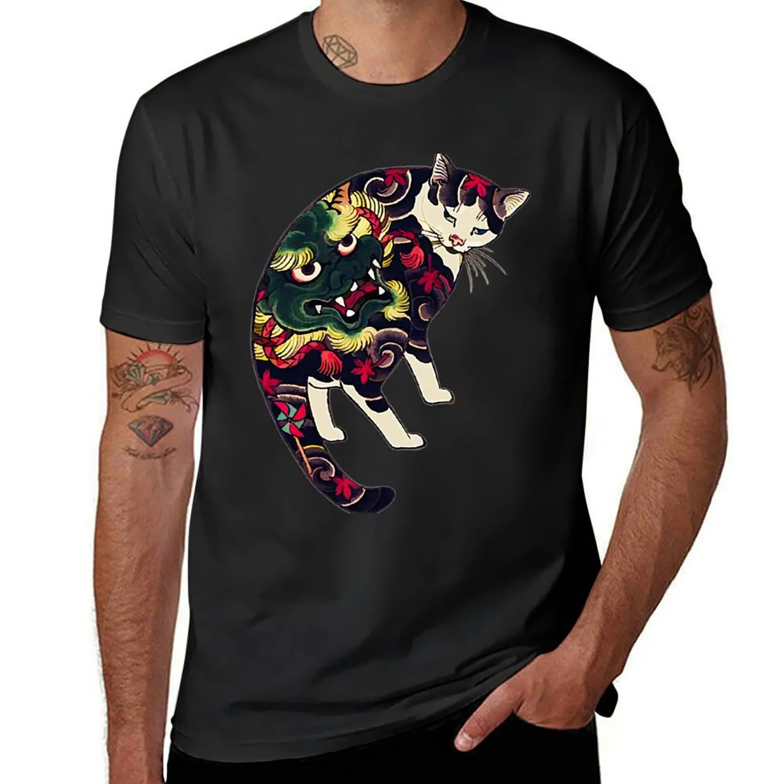 Antique Japanese Woodblock Print Cat with Flower Tattoos T-Shirt valentines clothes tops sports fans Short sleeve tee men