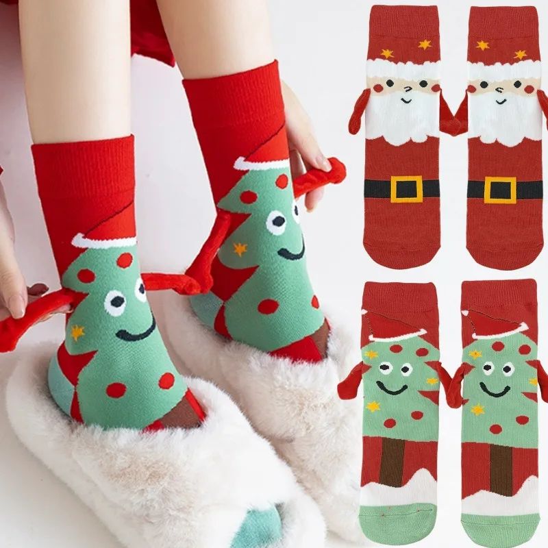 

2 пары рождественских магнитных носков для пар, забавные чулки с дизайном «рука об руку», красные хлопковые чулки до середины икры, унисекс, милые носки в японском стиле