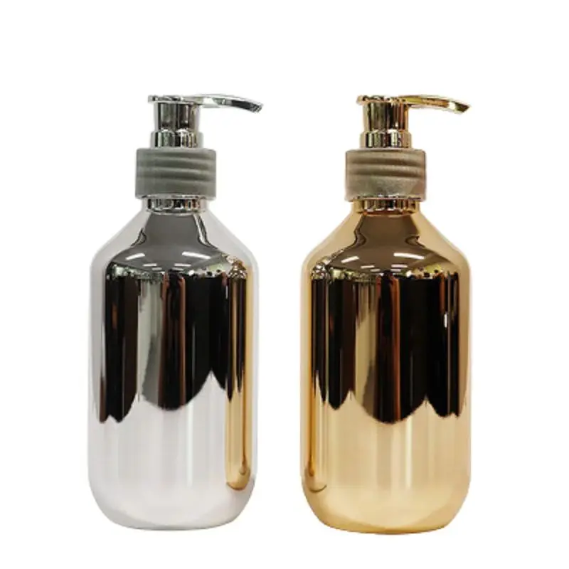 

10Pcs Shampoo Bottle 300ml Round Shoulder PET Silver Gold Refillable Packaging Container Empty Plastic Lotion Pump Bottle