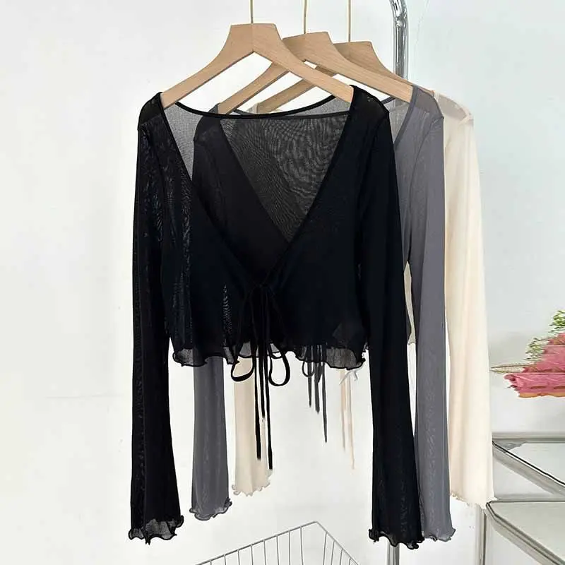 

Кардиган из ледяного шелка больших размеров, женский летний тонкий топ с запахом и ушками, дизайн для поездок на работу, пальто из смеси полиэстера