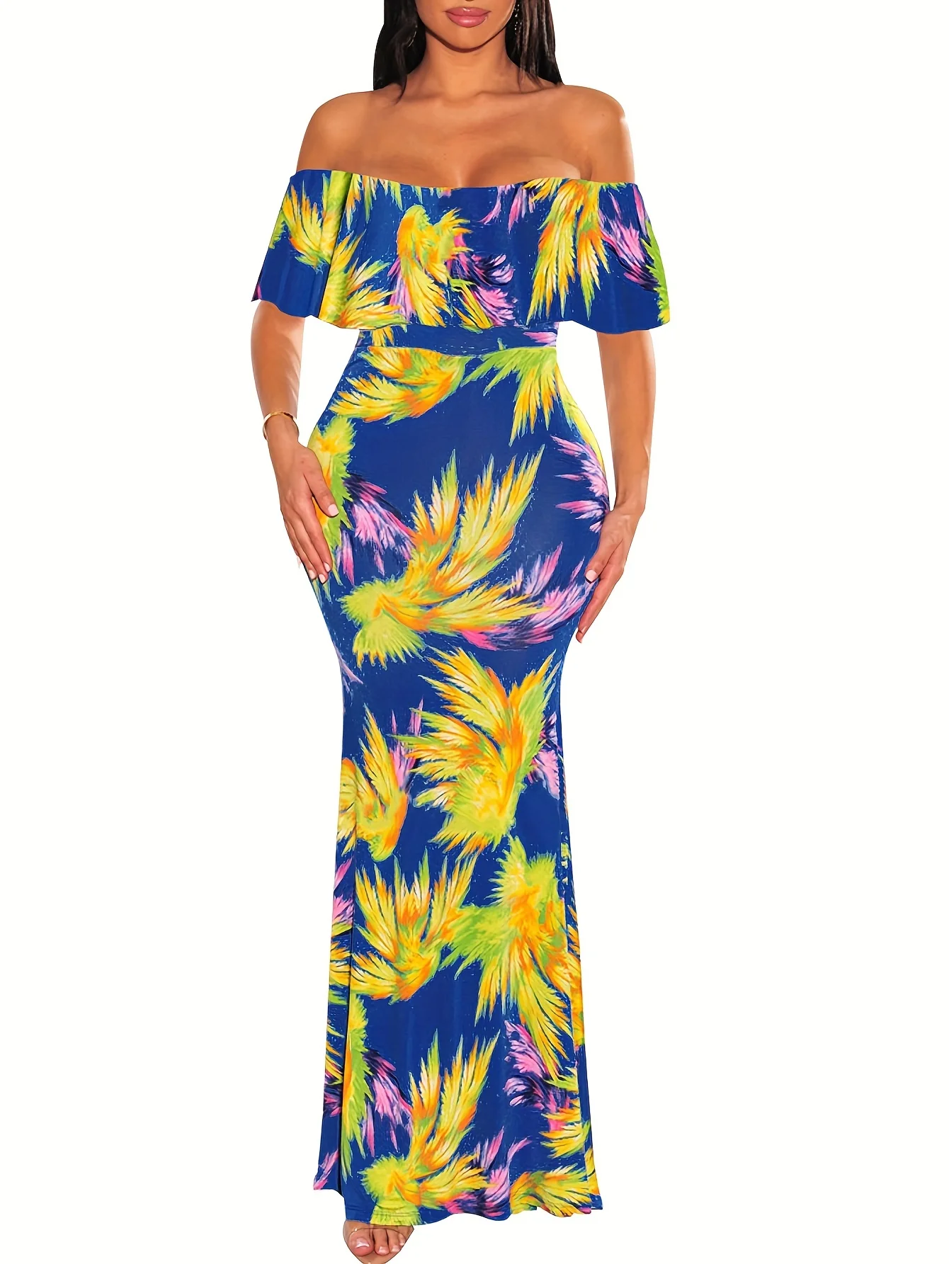 Women Rose Sunflower Floral Print Strapless Sexy Bodycon Slash Neck Off Shoulder Short Sleeve Polyester Floor Length Maxi Dress