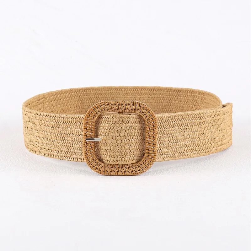 Vintage Bohemian Square Buckle Elastic Braided Belts Women Summer Wild Linen Weave Fake Straw Waist Belt Dress Shirt Decoration